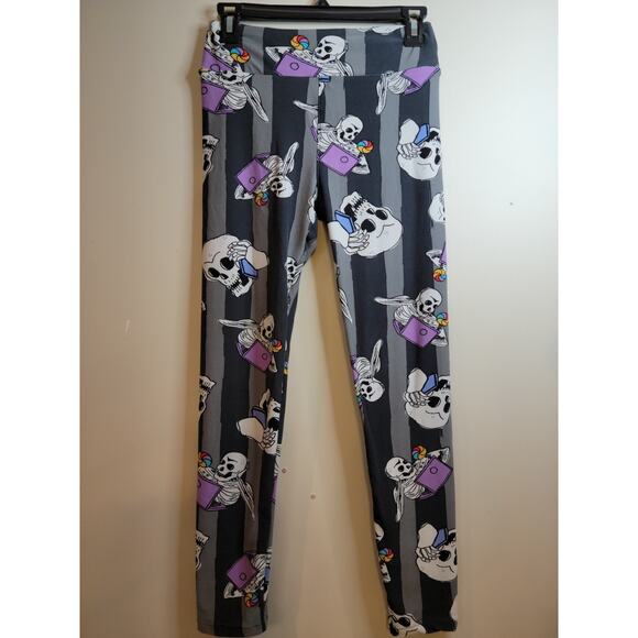 LulaRoe Unicorn Rainbow Laptop Phone Candy Skeleton Leggings Black White Stripes - Picture 1 of 3